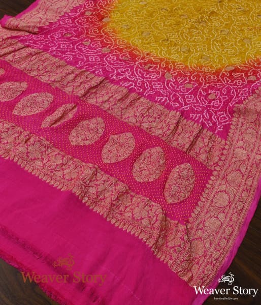 Handwoven_Yellow_Pink_Ombre_Dye_Kadhwa_Bandhej_Dupatta_WeaverStory_03