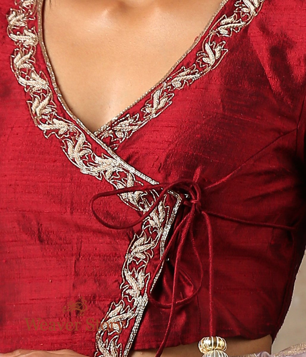 Maroon_Angrakha_Style_Blouse_in_Raw_Silk_with_Embroidery_WeaverStory_03