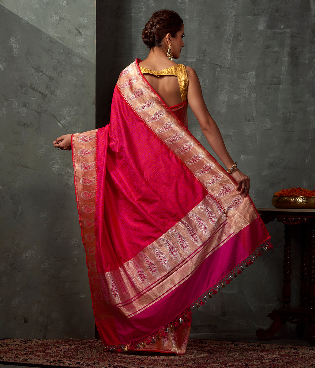 Hot_Pink_Self_Weave_Tanchoi_Saree_with_Gold_and_Silver_Zari_Paisleys_on_the_Border_WeaverStory_03