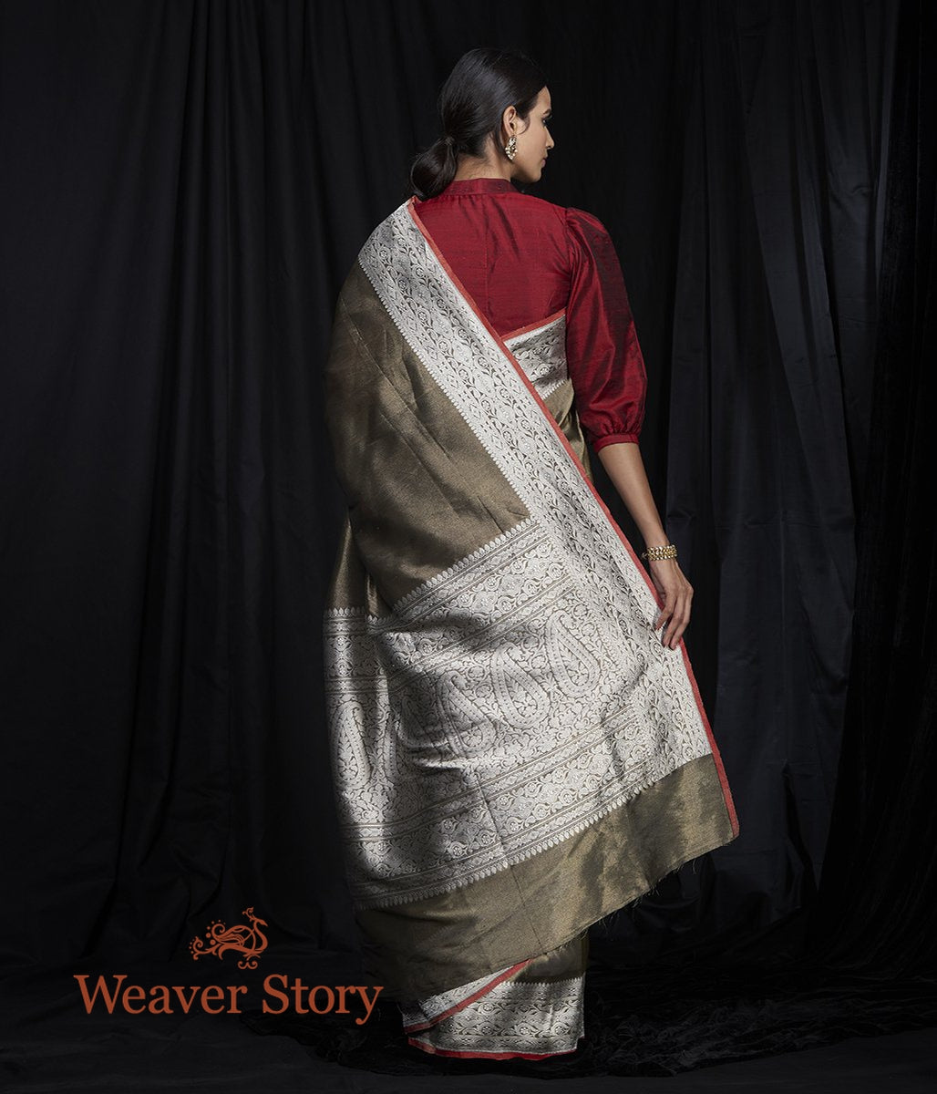 Handloom_Olive_and_Black_Silk_Tissue_Saree_with_Red_Selvedge_WeaverStory_03