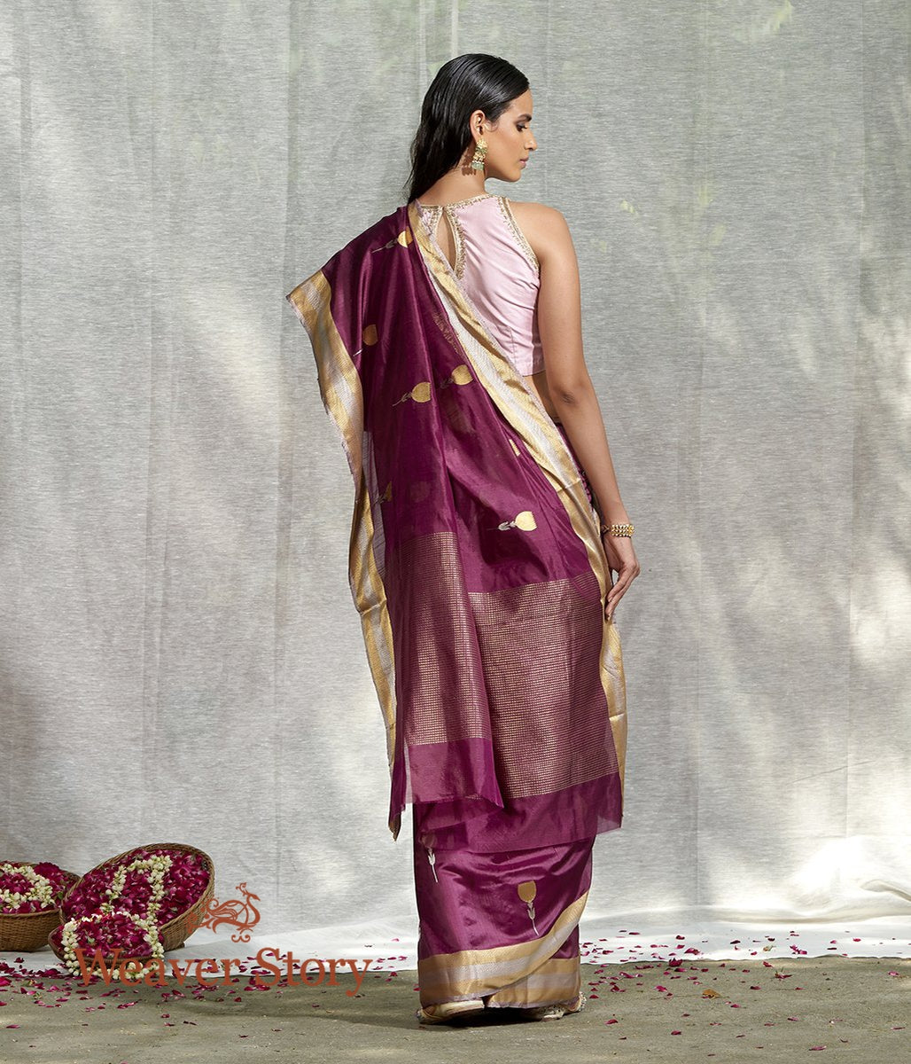 Handwoven_Wine_Floral_Boota_Saree_with_Gold_Silver_Chevron_Border_WeaverStory_03