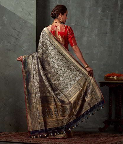 Handwoven_Blue_Floral_Kimkhab_Saree_with_Rust_Selvedge_WeaverStory_03