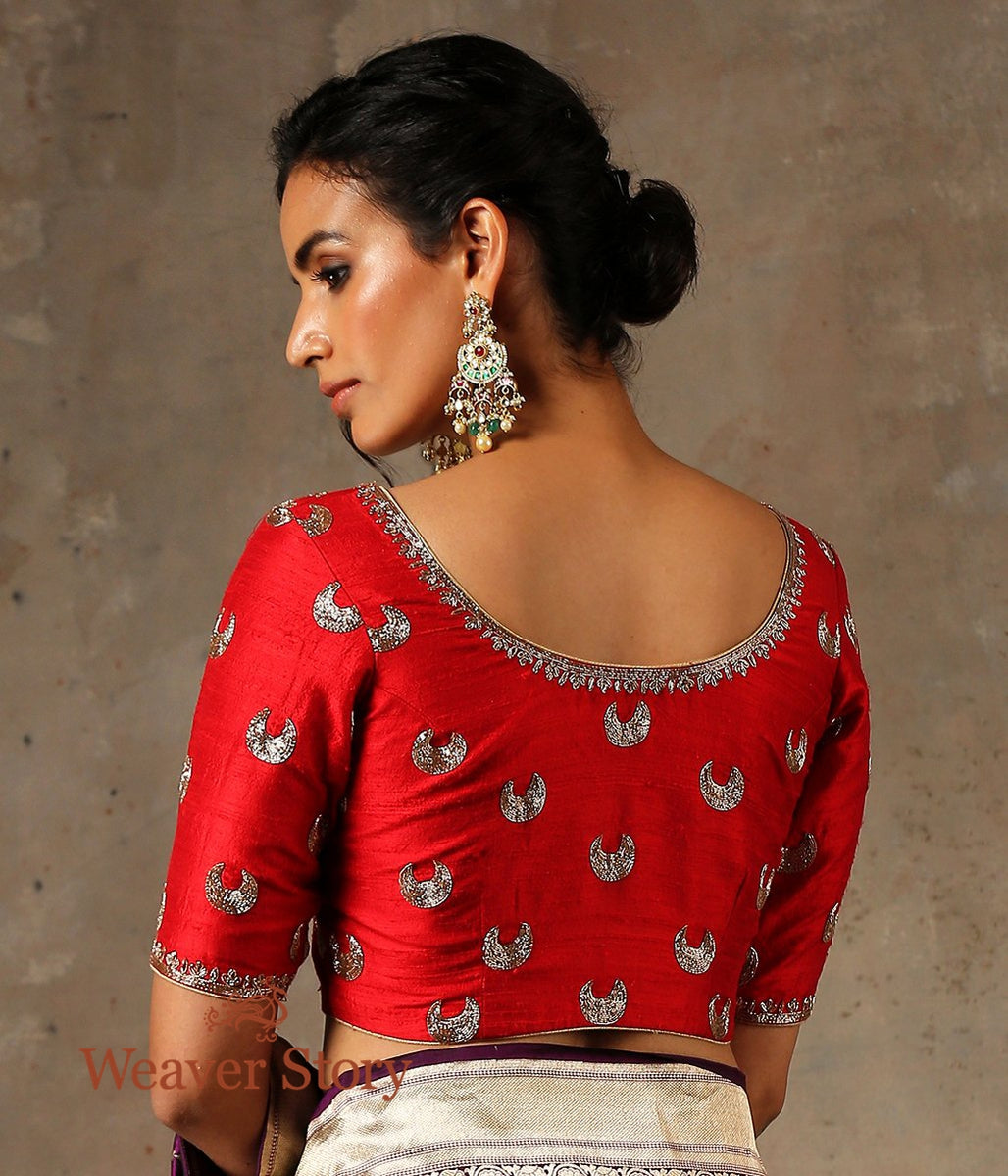 Red_Raw_Silk_Blouse_with_Chaand_Boota_Zardozi_Embroidery_WeaverStory_03