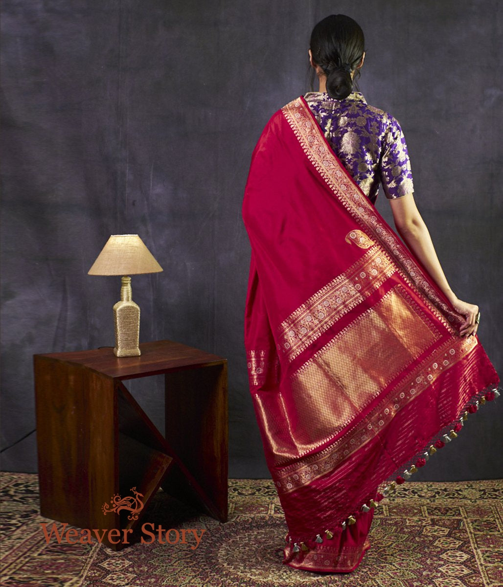 Handwoven_Red_Plain_Saree_with_Gold_and_Silver_Meenakri_Border_WeaverStory_03