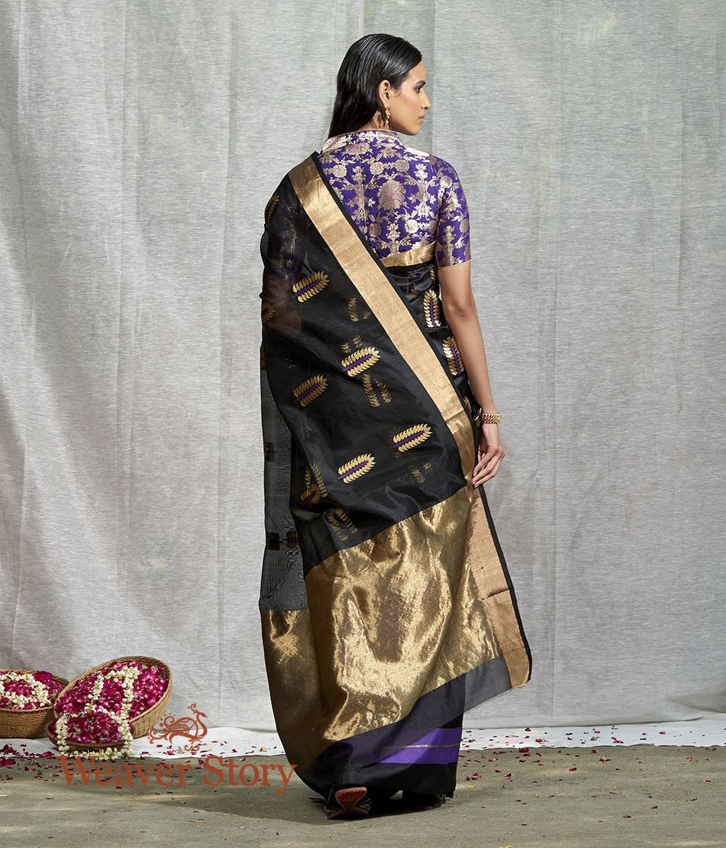 Handloom_Black_Chanderi_Saree_With_Purple_and_Gold_Leaf_Motif_WeaverStory_03