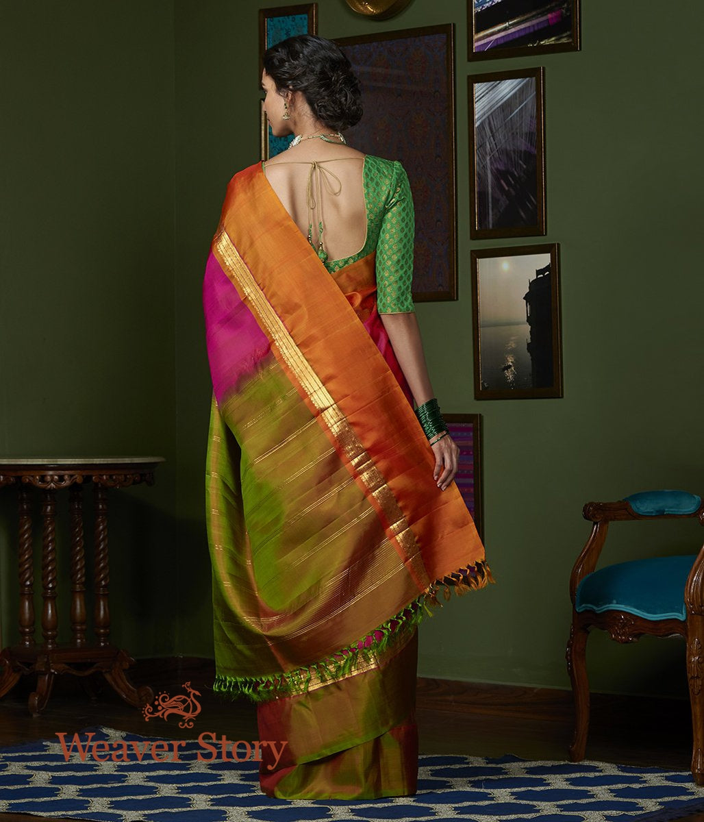Handwoven_Pink_Kanjivaram_Silk_Saree_with_Green_and_Orange_Broad_Borders_WeaverStory_03