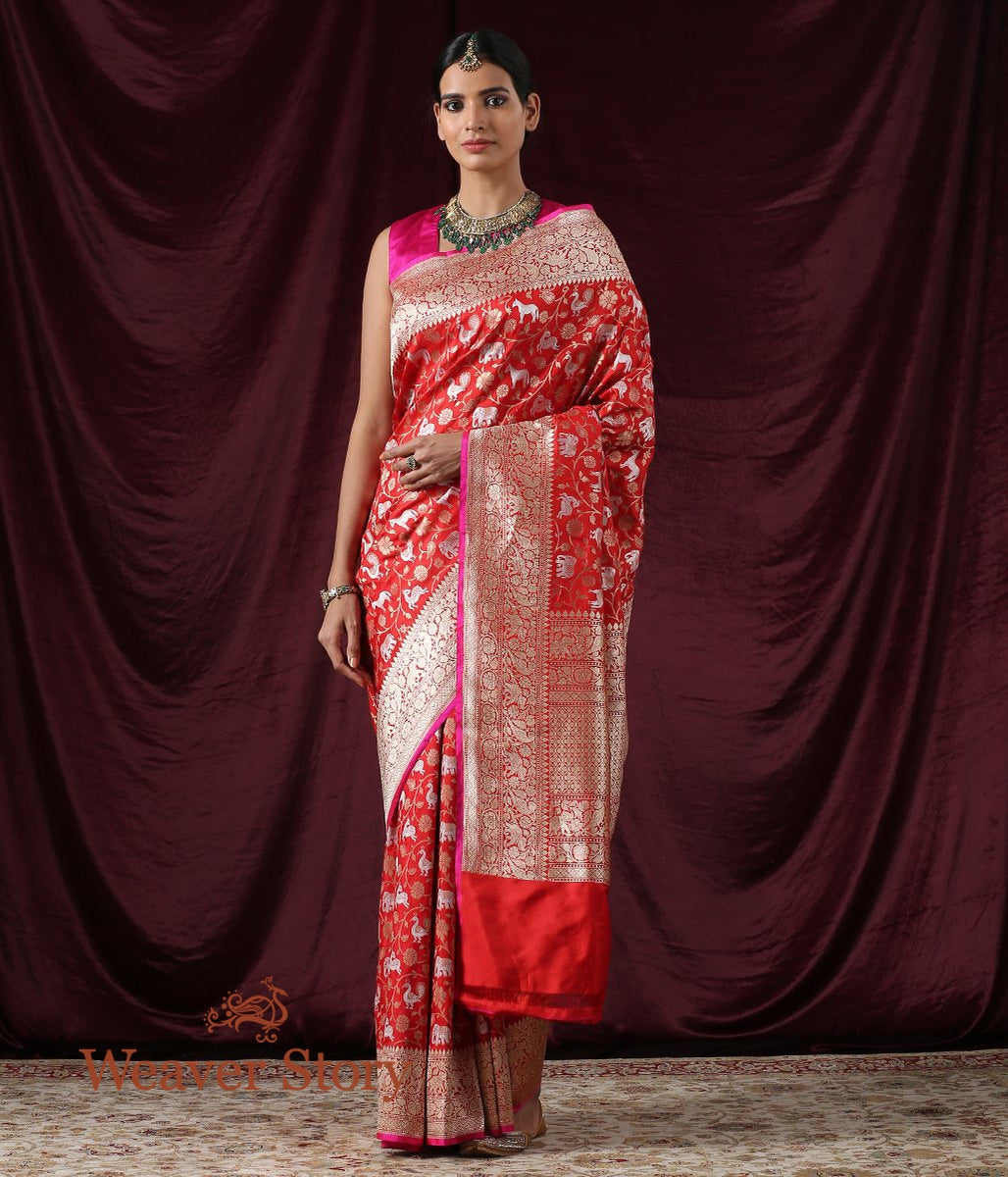 Handwoven_Red_Shikargah_Saree_with_Gold_and_Silver_Zari_WeaverStory_02