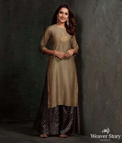 Hand_embroidered_munga_silk_suit_in_olive_green_color_with_brocade_palazzo_WeaverStory_03