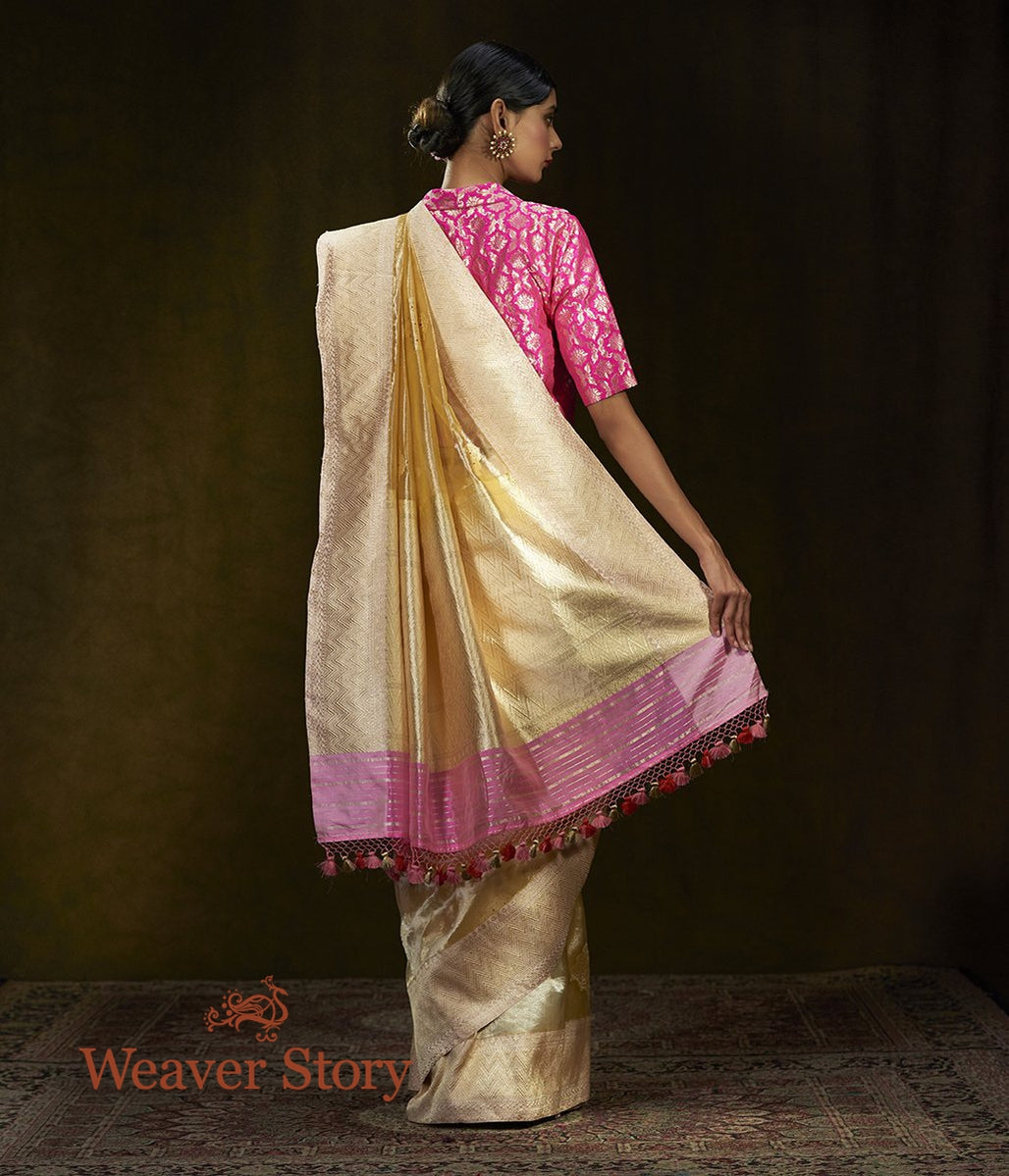 Handwoven_Gold_Silk_Tissue_Saree_with_Pink_Border_WeaverStory_03