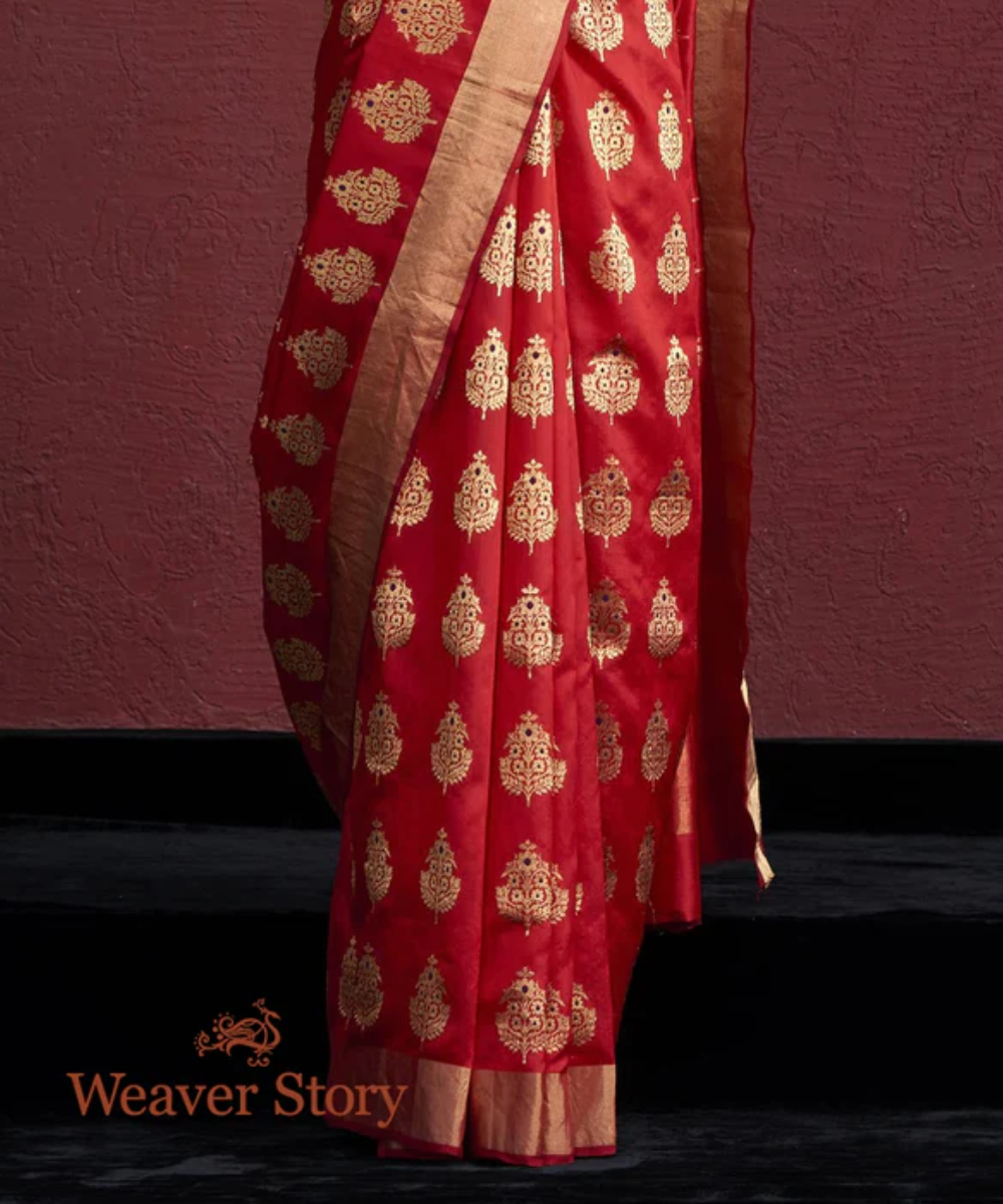Handwoven Red Silk Chanderi Saree with Farheen Boota