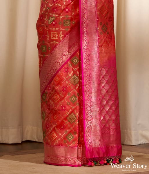 Handwoven_Orange_Banarasi_Patola_Saree_with_Pink_Border_WeaverStory_04