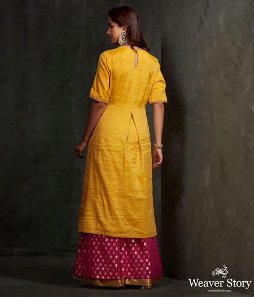 Hand_embroidered_munga_silk_suit_in_mustard_color_with_brocade_palazzo_WeaverStory_04