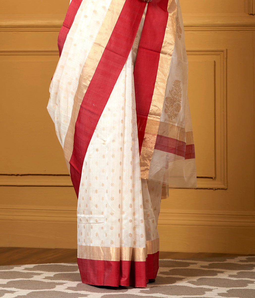 Handwoven_White_Chanderi_Saree_with_Gold_Boota_and_Red_Border_WeaverStory_04