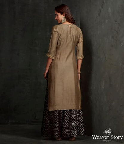 Hand_embroidered_munga_silk_suit_in_olive_green_color_with_brocade_palazzo_WeaverStory_04