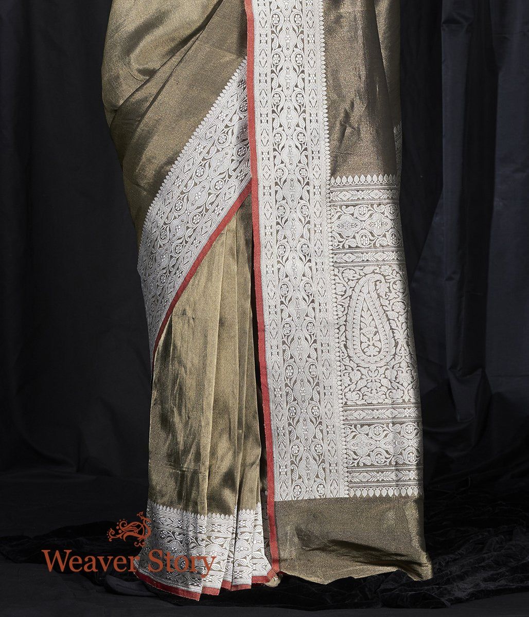 Handloom_Olive_and_Black_Silk_Tissue_Saree_with_Red_Selvedge_WeaverStory_04