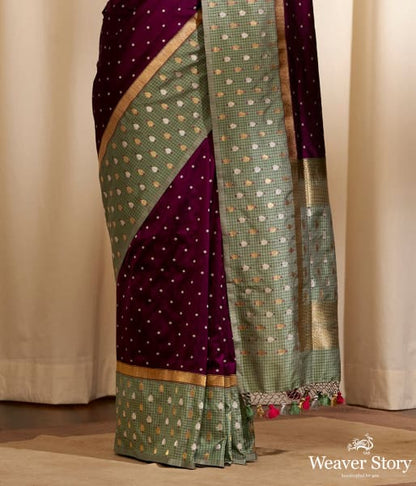 Handwoven_Wine_Oval_Dots_Saree_with_Check_Border_WeaverStory_04