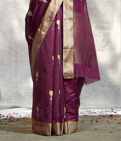 Handwoven_Wine_Floral_Boota_Saree_with_Gold_Silver_Chevron_Border_WeaverStory_04