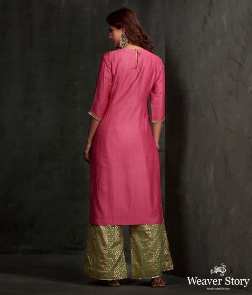 Hand_embroidered_munga_silk_kurta_with_zardozi_detailing_on_the_front_and_neck_and_sleeves_WeaverStory_04