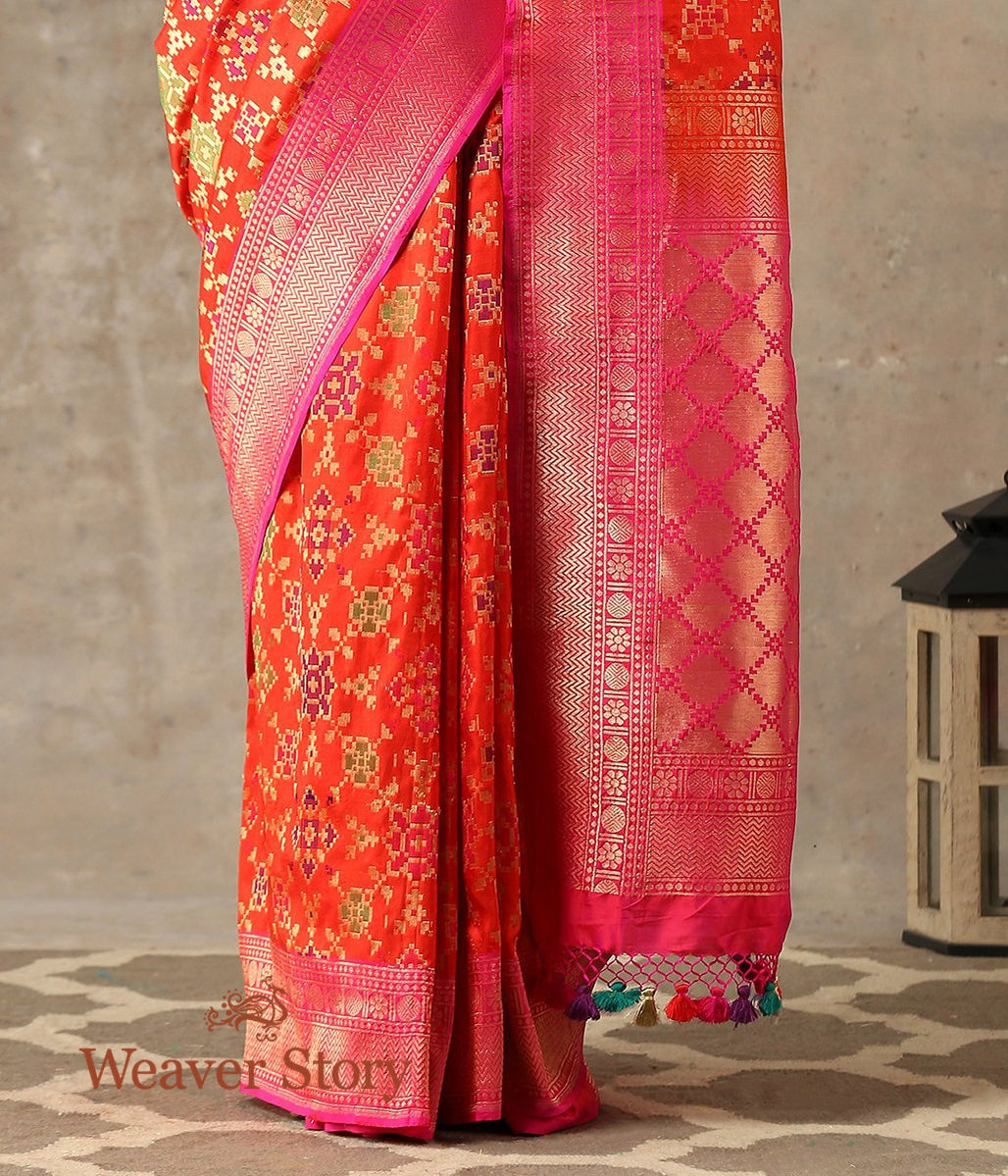 Handwoven_Orange_Banarasi_Patola_Saree_with_Pink_Contrast_Border_and_Pallu_WeaverStory_04