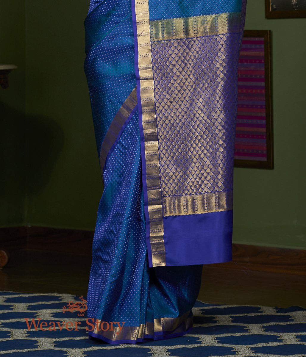 Handwoven_Peacock_Blue_Self_Weave_Kanjivaram_Saree_with_Purple_Border_WeaverStory_04