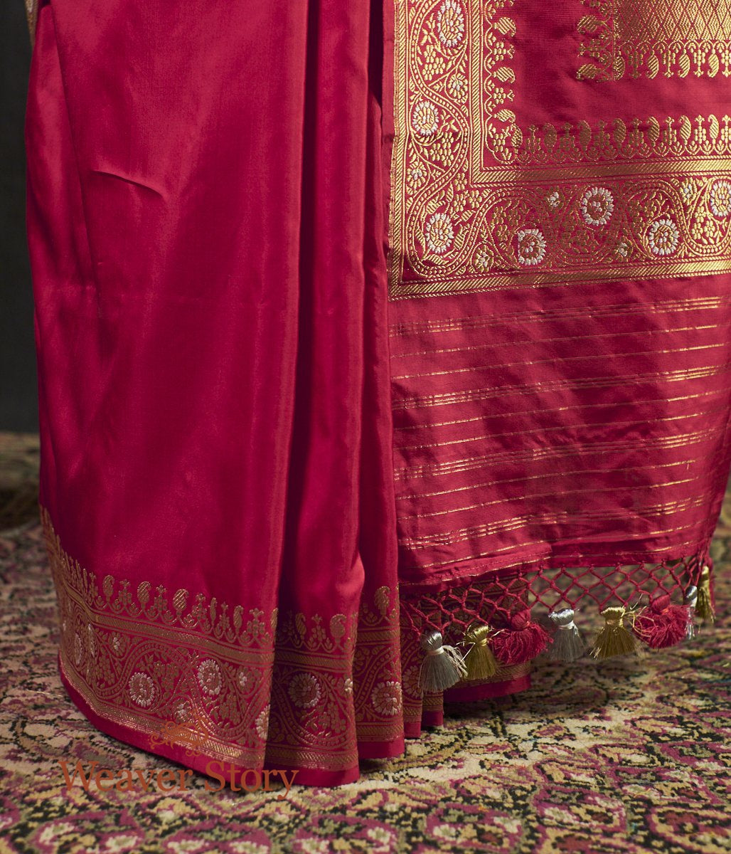 Handwoven_Red_Plain_Saree_with_Gold_and_Silver_Meenakri_Border_WeaverStory_04