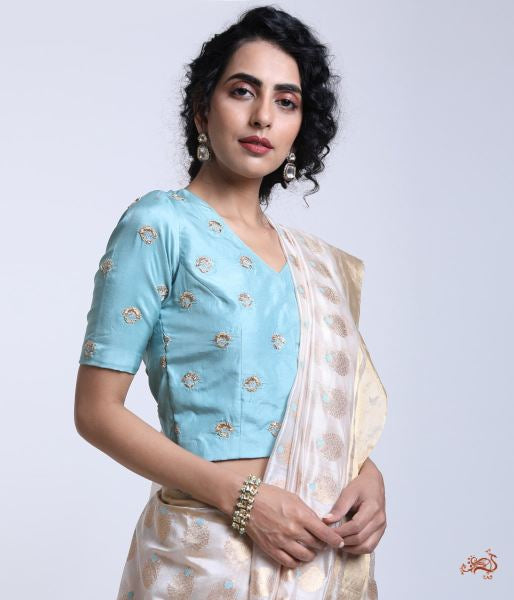 Light_Blue_Pure_Silk_Blouse_with_Floral_Motifs_with_Sequins_WeaverStory_01