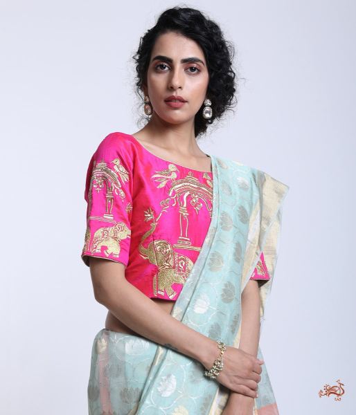 Pink_Raw_Silk_Blouse_with_Machine_Embroidered_Elephant_Motifs_WeaverStory_01