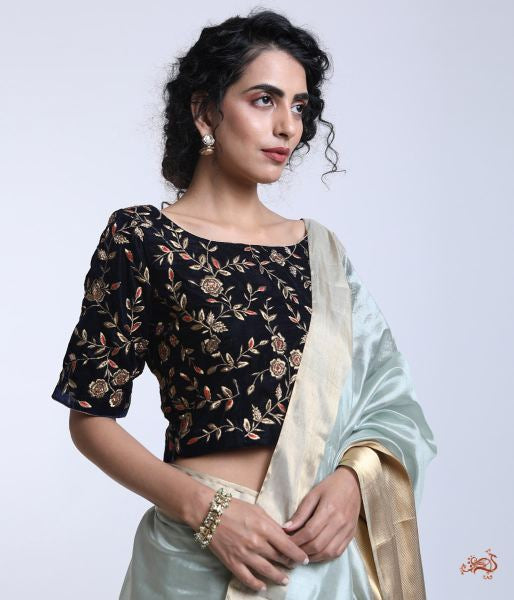 Navy_Blue_Velvet_Blouse_with_Zari_Jaal_and_Hand_Embroidery_WeaverStory_01
