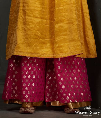 Hand_embroidered_munga_silk_suit_in_mustard_color_with_brocade_palazzo_WeaverStory_05