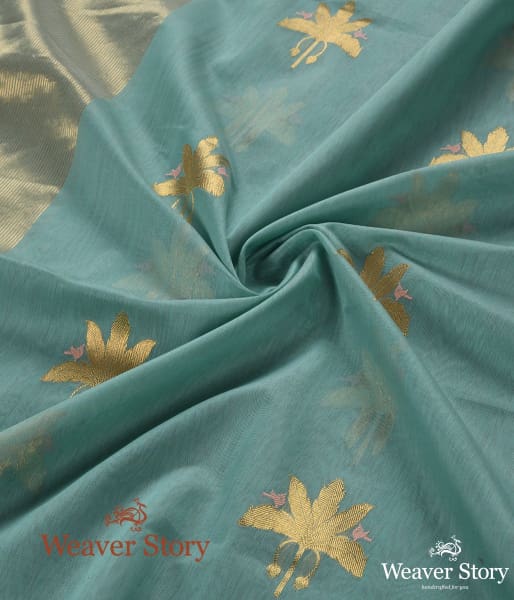 Handwoven_Blue_Cotton_Silk_Chanderi_Dupatta_with_Gold_Leaf_Motif_With_Birds_WeaverStory_05