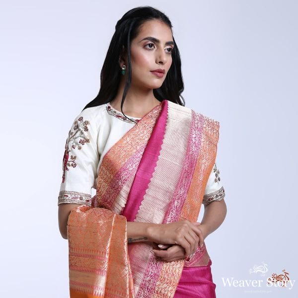 Handwoven_Banarasi_Tusser_saree_in_Pink_WeaverStory_01