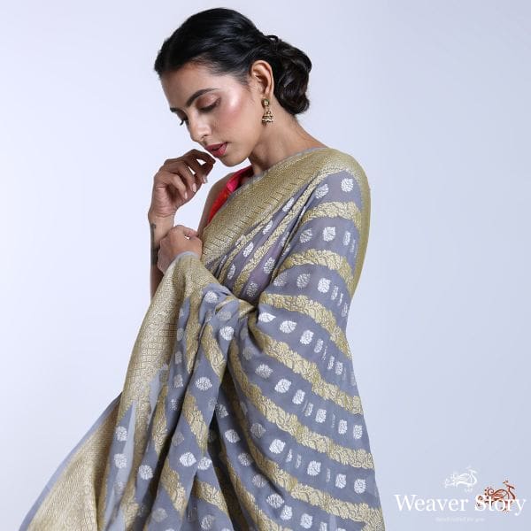 Handwoven_Grey_Kadhwa_Banarasi_Jangla_saree_with_sona_rupa_zari_WeaverStory_01