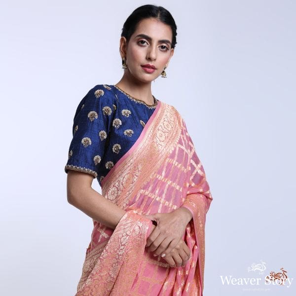 Handwoven_Pink_Banarasi_Georgette_Saree_WeaverStory_01