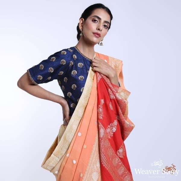 Handwoven_Banarasi_georgette_saree_with_Ombre_dye_in_shades_of_peach_and_orange_WeaverStory_01