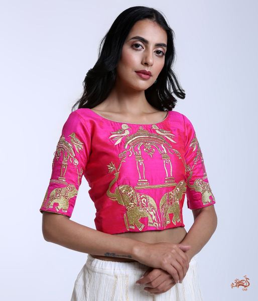 Pink_Raw_Silk_Blouse_with_Machine_Embroidered_Elephant_Motifs_WeaverStory_02