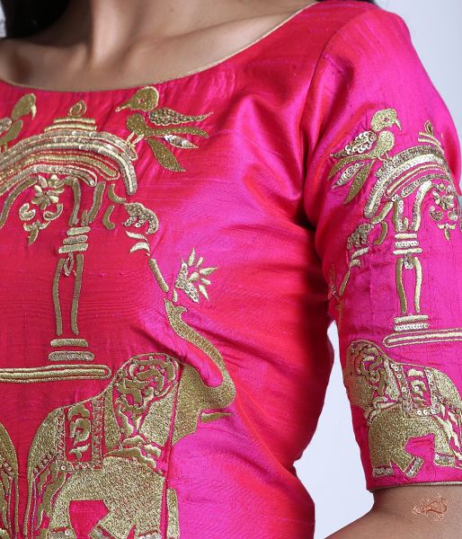 Pink_Raw_Silk_Blouse_with_Machine_Embroidered_Elephant_Motifs_WeaverStory_05