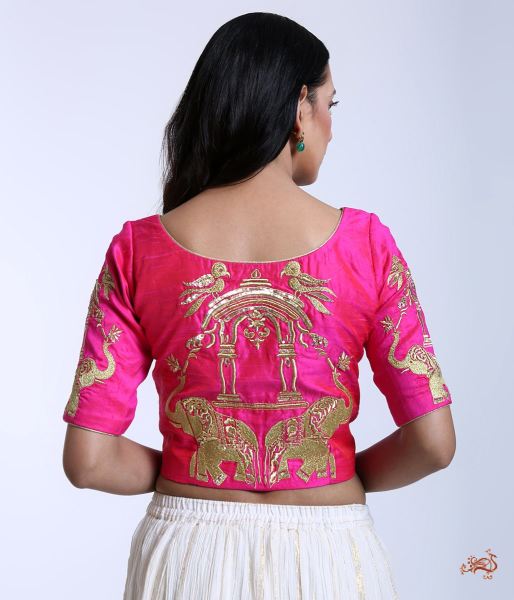 Pink_Raw_Silk_Blouse_with_Machine_Embroidered_Elephant_Motifs_WeaverStory_03