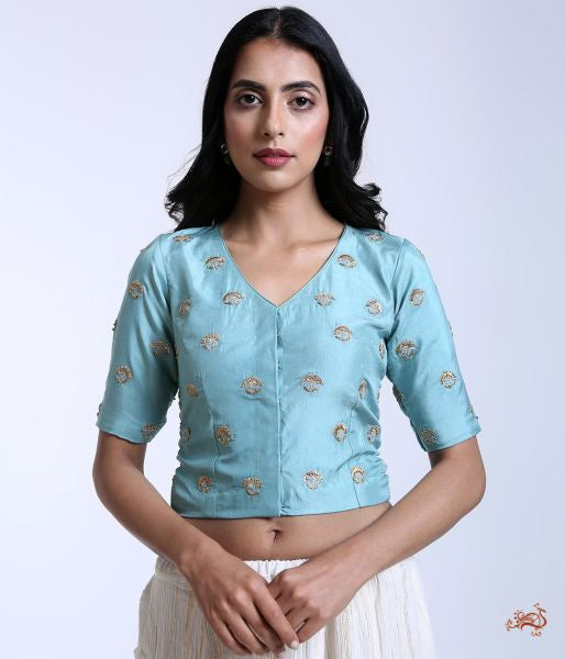 Light_Blue_Pure_Silk_Blouse_with_Floral_Motifs_with_Sequins_WeaverStory_02