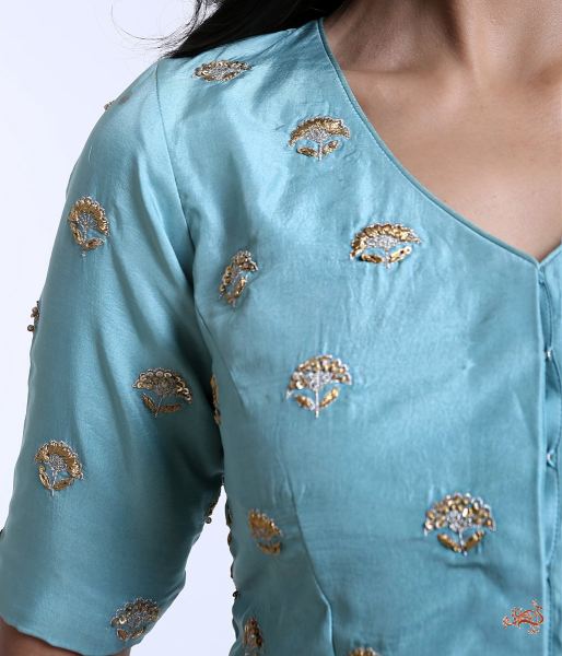 Light_Blue_Pure_Silk_Blouse_with_Floral_Motifs_with_Sequins_WeaverStory_04