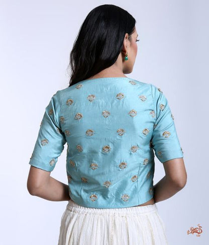 Light_Blue_Pure_Silk_Blouse_with_Floral_Motifs_with_Sequins_WeaverStory_03