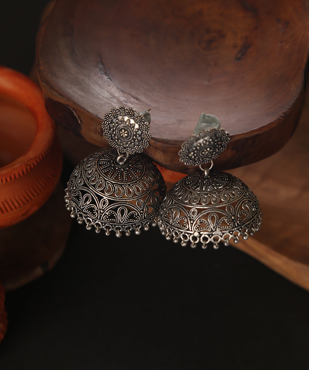 Kiraz_Handcrafted_Jhumkis_In_Oxidised_Pure_Silver_WeaverStory_01