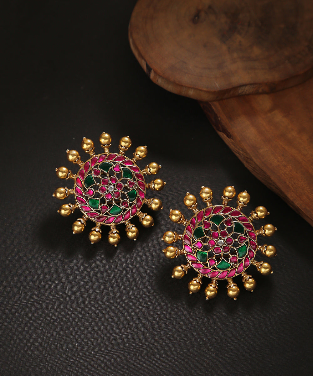 Zeina_Handcrafted_Studs_in_Pure_Silver_With_Ruby_And_Emeralds_WeaverStory_01