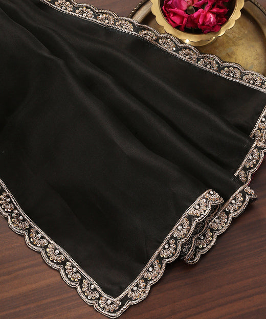 Black Handloom Pure Organza Dupatta With Hand Embroidered Zardozi Scalloped Border