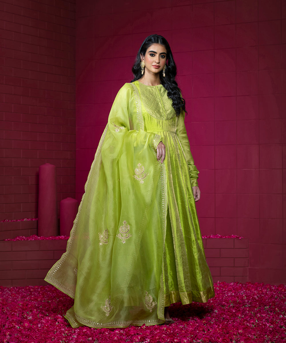 Parrot_Green_Handloom_Anarkali_Suit_Set_with_Churidar_and_Embroidered_Organza_Dupatta_WeaverStory_02