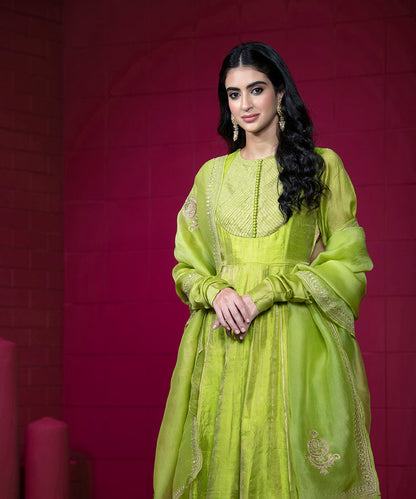Parrot_Green_Handloom_Anarkali_Suit_Set_with_Churidar_and_Embroidered_Organza_Dupatta_WeaverStory_01