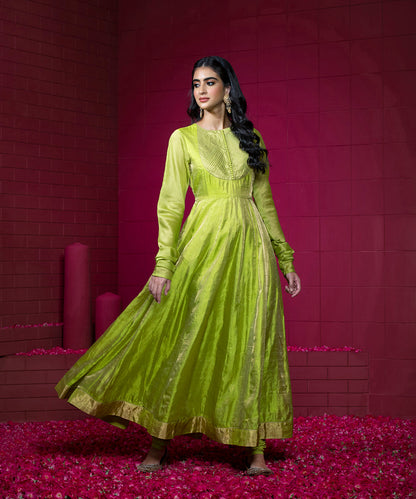 Parrot_Green_Handloom_Anarkali_Suit_Set_with_Churidar_and_Embroidered_Organza_Dupatta_WeaverStory_03