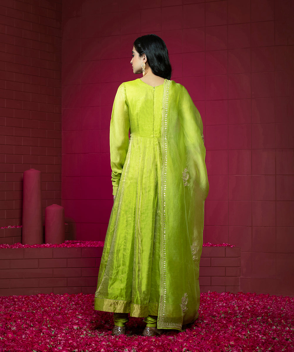 Parrot_Green_Handloom_Anarkali_Suit_Set_with_Churidar_and_Embroidered_Organza_Dupatta_WeaverStory_04