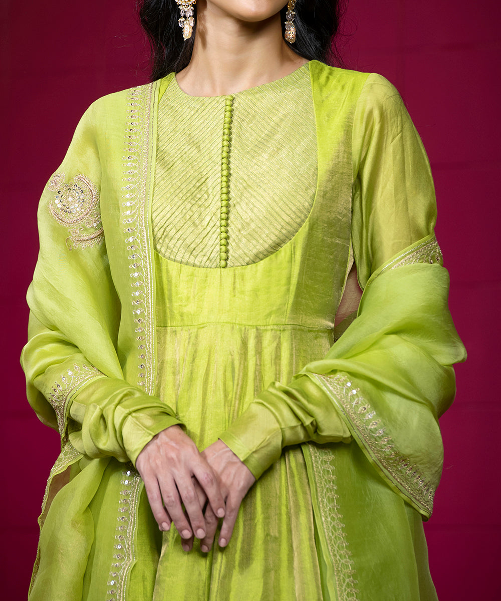 Parrot_Green_Handloom_Anarkali_Suit_Set_with_Churidar_and_Embroidered_Organza_Dupatta_WeaverStory_05
