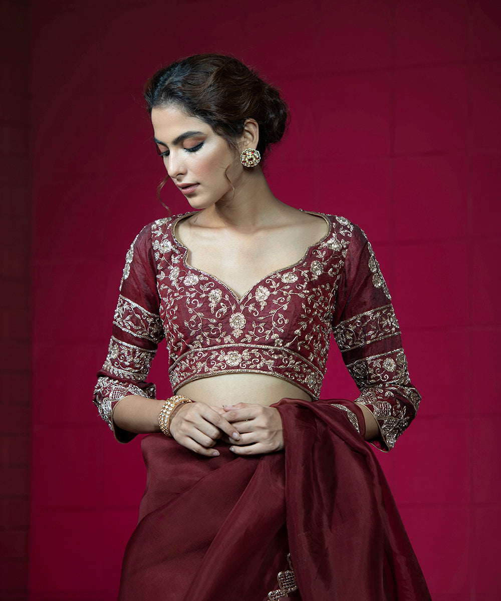 Maroon_Hand_Embroidered_Raw_Silk_Blouse_With_3/4th_Sleeves_WeaverStory_01