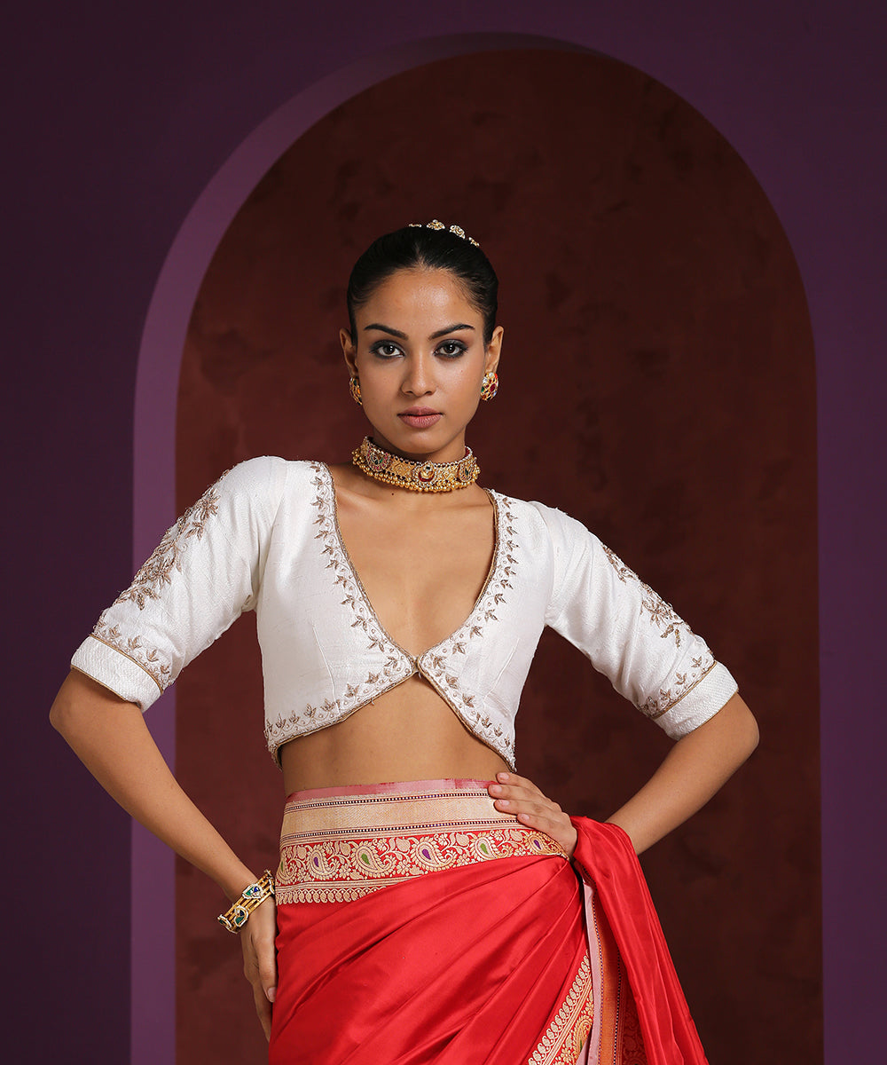 White_Raw_Silk_Blouse_With_Hand_Embroidered_Zardozi_Detailing_WeaverStory_01